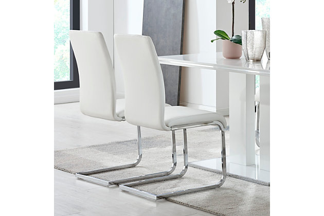 The Armen Living Amanda contemporary side chair is a sleek and stylish addition to the modern household. This beautiful side chair sports a chrome metal frame upholstered with stylish faux leather. The stylized bend of the Amanda's base makes this chair a standout without compromising on the durability of the product. Pair the Amanda side chair with the Amanda dining table and corner sofa for enhanced aesthetic cohesion. This is simple but yet sophisticated design that you can play up or down in any room in your home. The high cushion back is ideal for posture alignment and an unmatched support for days on end. The smooth and soft upholstery will keep you at ease all day with the high back to help keep your back in the upright posture. The foundation of the product is supported by solid chrome steel for a sturdy and modern look without comprising practicality and functionality of this item. This item is a versatile piece that can be ideal for dining, kitchen or even home office desk chairs. This product ships in one box with easy and quick set up. We stand by the quality, the craftsmanship and the integrity of our product by offer 1-year warranty for all our products. The Amanda's plush, yet sleek upholstery is available in three colors: black, white, and grey. The Amanda side chair is sold in a set of 2. Product Dimensions: 17"W x 23"D x 38"HModern and contemporary but can blend into any design providing an inviting centerpiece for your guests | The foundation of the product is supported by solid chrome steel for a sturdy and modern look without comprising practicality and functionality of this item. | Crafted to perfection for years of enjoyment | Great for kitchen, dining, home office space,commercial setting or any living space in your home | Steel frame with chrome-tone finish | Built-in carry handle on seat back | 250-pound weight capacity  | Spot clean | Assembly required | Comes with a standard 1-year limited warranty