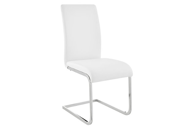 The Armen Living Amanda contemporary side chair is a sleek and stylish addition to the modern household. This beautiful side chair sports a chrome metal frame upholstered with stylish faux leather. The stylized bend of the Amanda's base makes this chair a standout without compromising on the durability of the product. Pair the Amanda side chair with the Amanda dining table and corner sofa for enhanced aesthetic cohesion. This is simple but yet sophisticated design that you can play up or down in any room in your home. The high cushion back is ideal for posture alignment and an unmatched support for days on end. The smooth and soft upholstery will keep you at ease all day with the high back to help keep your back in the upright posture. The foundation of the product is supported by solid chrome steel for a sturdy and modern look without comprising practicality and functionality of this item. This item is a versatile piece that can be ideal for dining, kitchen or even home office desk chairs. This product ships in one box with easy and quick set up. We stand by the quality, the craftsmanship and the integrity of our product by offer 1-year warranty for all our products. The Amanda's plush, yet sleek upholstery is available in three colors: black, white, and grey. The Amanda side chair is sold in a set of 2. Product Dimensions: 17"W x 23"D x 38"HModern and contemporary but can blend into any design providing an inviting centerpiece for your guests | The foundation of the product is supported by solid chrome steel for a sturdy and modern look without comprising practicality and functionality of this item. | Crafted to perfection for years of enjoyment | Great for kitchen, dining, home office space,commercial setting or any living space in your home | Steel frame with chrome-tone finish | Built-in carry handle on seat back | 250-pound weight capacity  | Spot clean | Assembly required | Comes with a standard 1-year limited warranty