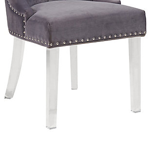 Everyday luxury made fully accessible in our Armen Living Gobi acrylic dining chair. It is plush and soft to the touch, which makes it the perfect dining chair for guests and family to enjoy dinner or conversation. This accent chair has beautiful details such as crystal button-tufted seat back, nail-head details around the base of the seat and clear acrylic legs, all beautifully combined to make this dining chair a masterpiece. This eye-catching design can help create a glamorous and luxurious atmosphere for any room in your home. It is the perfect size for large spaces in your home, from dining, to living room, to office room and even bedroom. The high cushion back is ideal for posture alignment and an unmatched support for days on end. The detailed diamond pattern stitching with nail accent create a glamorous but yet sophisticated feel to the product. The foundation of the product is supported by solid walnut wood for a sturdy and stylish aesthetic without comprising practicality and functionality of this item. This item is a versatile piece that can be ideal for dining, kitchen or even home office desk chairs. This product ships in one box with easy and quick set up. We stand by the quality, the craftsmanship and the integrity of our product by offer 1-year warranty for all our products. Available in Black or Gray velvet upholstery. Product Dimensions: 21"W x 23"D x 39"H SH: 19".Great for dining , living room,  kitchen as desk chair or even in a commercial setting | Tufted back with smooth and soft velvet upholstery | Acrylic legs for overall structure for durability and longevity | Modern glam and contemporary but can blend into any design providing an inviting centerpiece for your guests | Back with crystal button tufting | Nailhead trim | 250-pound weight capacity | Assembly required | Comes with a standard 1-year limited warranty