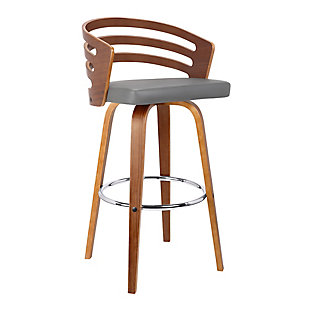 The Armen Living Jayden mid-century barstool is the perfect addition to any contemporary, modern or transitional household. Though ideal for the kitchen or bar, the Jayden's stylish walnut wood frame and faux leather upholstered seat make it versatile for just about any room of the house. While appearing stationary, the Jayden features a 360-degree swivel feature for maximum mobility. The plush padded seat with high density foam will provide you with all day comfort. The curved wood back is ideal for posture alignment and an unmatched support for days on end. The foundation of the product is supported by wood and chrome footrest for a chic and stylish aesthetic without comprising practicality and functionality of this item. This product ships in one box with easy and quick set up. We stand by the quality, the craftsmanship and the integrity of our product by offer 1-year warranty for all our products. We want our customers enjoy our product and we will always be there to help with our top-notch customer service support.  
The Jayden is available in 26-inch counter and 30-inch bar Height and is available in your choice of brown or grey faux leather.
 360-degree swivel features allow for enhanced mobility | Sturdy walnut finished poplar wood construction is brilliantly accented by sleek faux leather upholstery | Sturdy walnut finished poplar wood construction is brilliantly accented by sleek faux leather upholstery | Medium high cushioned back to help keep your back supported and aligned | Footrest with chrome-tone finish | 360-degree swivel | No assembly required | Comes with a standard 1-year limited warranty