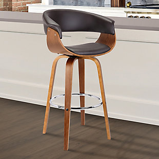Julyssa 26" Mid-Century Swivel Counter Height Barstool in Brown Faux Leather with Walnut Wood, Brown, rollover