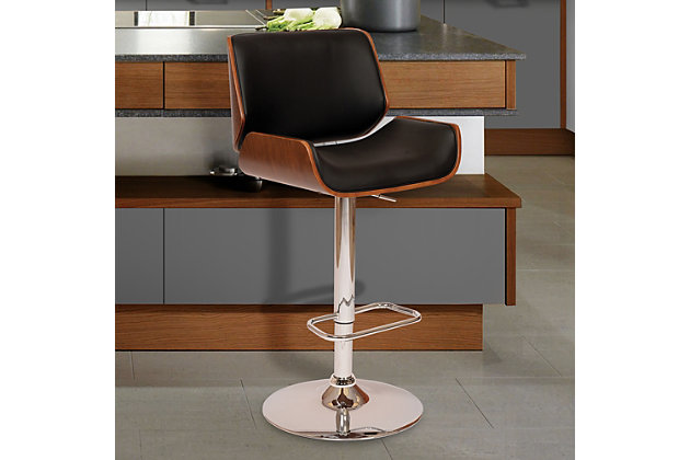 This contemporary, adjustable stool is an ideal addition to the modern kitchen or bar. Featuring a gas lift mechanism for desired height, swivel seat, footrest and padded seat and back with faux leather upholstery for extra comfort. With a walnut veneer shell, this beautiful stool is ready for all of your entertaining needs.Made of walnut wood, foam, faux leather and metal | Black | Foam cushioned seat with faux leather upholstery | Frame and legs with brown finish | Footrest with chrome-tone finish | Adjustable height | Gas lift mechanism with chrome-tone finish | 360-degree swivel | Assembly required | Comes with a standard 1-year limited warranty