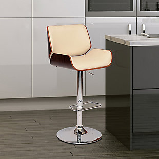 This contemporary, adjustable stool is an ideal addition to the modern kitchen or bar. Featuring a gas lift mechanism for desired height, swivel seat, footrest and padded seat and back with faux leather upholstery for extra comfort. With a walnut veneer shell, this beautiful stool is ready for all of your entertaining needs.Made of walnut wood, foam, faux leather and metal | Cream | Foam cushioned seat with faux leather upholstery | Frame and legs with brown finish | Footrest with chrome-tone finish | Adjustable height | Gas lift mechanism with chrome-tone finish | 360-degree swivel | Assembly required | Comes with a standard 1-year limited warranty
