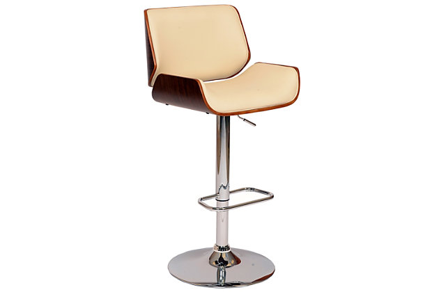 This contemporary, adjustable stool is an ideal addition to the modern kitchen or bar. Featuring a gas lift mechanism for desired height, swivel seat, footrest and padded seat and back with faux leather upholstery for extra comfort. With a walnut veneer shell, this beautiful stool is ready for all of your entertaining needs.Made of walnut wood, foam, faux leather and metal | Cream | Foam cushioned seat with faux leather upholstery | Frame and legs with brown finish | Footrest with chrome-tone finish | Adjustable height | Gas lift mechanism with chrome-tone finish | 360-degree swivel | Assembly required | Comes with a standard 1-year limited warranty