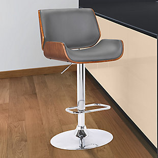 London Swivel Barstool in Gray Faux Leather with Chrome and Walnut Wood, Gray, rollover