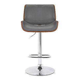 This contemporary, adjustable stool is an ideal addition to the modern kitchen or bar. Featuring a gas lift mechanism for desired height, swivel seat, footrest and padded seat and back with faux leather upholstery for extra comfort. With a walnut veneer shell, this beautiful stool is ready for all of your entertaining needs.Made of walnut wood, foam, faux leather and metal | Gray | Foam cushioned seat with faux leather upholstery | Frame and legs with brown finish | Footrest with chrome-tone finish | Adjustable height | Gas lift mechanism with chrome-tone finish | 360-degree swivel | Assembly required | Comes with a standard 1-year limited warranty
