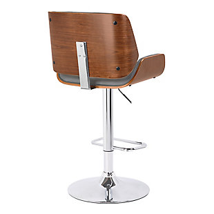 This contemporary, adjustable stool is an ideal addition to the modern kitchen or bar. Featuring a gas lift mechanism for desired height, swivel seat, footrest and padded seat and back with faux leather upholstery for extra comfort. With a walnut veneer shell, this beautiful stool is ready for all of your entertaining needs.Made of walnut wood, foam, faux leather and metal | Gray | Foam cushioned seat with faux leather upholstery | Frame and legs with brown finish | Footrest with chrome-tone finish | Adjustable height | Gas lift mechanism with chrome-tone finish | 360-degree swivel | Assembly required | Comes with a standard 1-year limited warranty