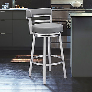 Madrid 26" Counter Height Barstool in Brushed Stainless Steel Finish and Gray Faux Leather, Gray, rollover