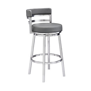 Madrid 26" Counter Height Barstool in Brushed Stainless Steel Finish and Gray Faux Leather, Gray, large