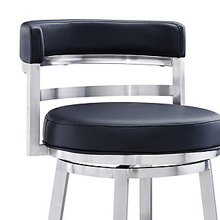The Armen Living Madrid  armless barstool features a unique aesthetic that is certain to work well in any modern household. The Madrid’s durable brushed stainless steel frame is accompanied beautifully by its black faux leather seat and back. The upholstered low back is rounded, providing the user with exceptional support while the 360 degree swivel seat allows for enhanced mobility. The Madrid’s contemporary straight leg design endows the barstool with a chic quality that is further accented by the inclusion of a round footrest. The Madrid’s legs are tipped with floor protectors, assuring that the barstool will not slip on or scratch hardwood or tile floors. The beautiful Madrid is available in two industry standard sizes; 26 inch counter and 30 inch bar height.Sturdy construction for years of enjoyment | Available in two industry standard sizes; 26 inch counter and 30 inch bar height | Round foot rest adds a nice stylistic accent while balancing the barstool | Product dimensions: 20"w x 21"d x 34.5"h sh: 26" | Round footrest with brushed chrome-tone finish | Floor protectors | Available in 26" counter and 30" bar height | Assembly required | Comes with a standard 1-year limited warranty