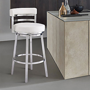 The Armen Living Madrid  armless barstool features a unique aesthetic that is certain to work well in any modern household. The Madrid’s durable brushed stainless steel frame is accompanied beautifully by its white faux leather seat and back. The upholstered low back is rounded, providing the user with exceptional support while the 360 degree swivel seat allows for enhanced mobility. The Madrid’s contemporary straight leg design endows the barstool with a chic quality that is further accented by the inclusion of a round footrest. The Madrid’s legs are tipped with floor protectors, assuring that the barstool will not slip on or scratch hardwood or tile floors. The beautiful Madrid is available in two industry standard sizes; 26 inch counter and 30 inch bar height.Sturdy construction for years of enjoyment | Available in two industry standard sizes; 26 inch counter and 30 inch bar height | Round foot rest adds a nice stylistic accent while balancing the barstool | Product dimensions: 20"w x 21"d x 46"h sh: 30" | Round footrest with brushed chrome-tone finish | Floor protectors | Available in 26" counter and 30" bar height | Assembly required | Comes with a standard 1-year limited warranty