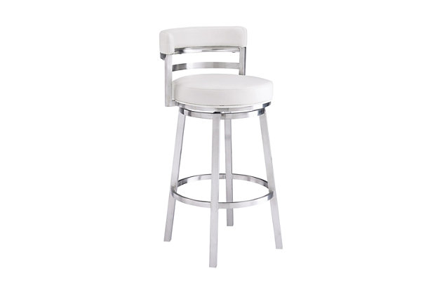 The Armen Living Madrid  armless barstool features a unique aesthetic that is certain to work well in any modern household. The Madrid’s durable brushed stainless steel frame is accompanied beautifully by its white faux leather seat and back. The upholstered low back is rounded, providing the user with exceptional support while the 360 degree swivel seat allows for enhanced mobility. The Madrid’s contemporary straight leg design endows the barstool with a chic quality that is further accented by the inclusion of a round footrest. The Madrid’s legs are tipped with floor protectors, assuring that the barstool will not slip on or scratch hardwood or tile floors. The beautiful Madrid is available in two industry standard sizes; 26 inch counter and 30 inch bar height.Sturdy construction for years of enjoyment | Available in two industry standard sizes; 26 inch counter and 30 inch bar height | Round foot rest adds a nice stylistic accent while balancing the barstool | Product dimensions: 20"w x 21"d x 46"h sh: 30" | Round footrest with brushed chrome-tone finish | Floor protectors | Available in 26" counter and 30" bar height | Assembly required | Comes with a standard 1-year limited warranty