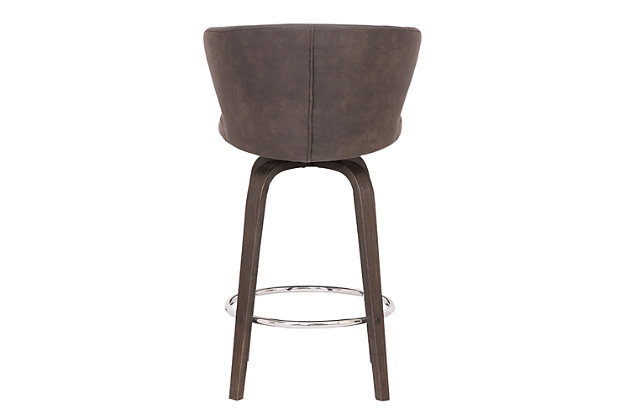 The Mynette Swivel Brown Faux Leather Bar Stool is upholstered in brown faux leather and features a unique quilted stitch pattern. This stool is a perfect fit in any modern or contemporary home and features a wooden base with convenient swivel function. The Mynette stool is available in 26” or 30”. 
 
 • Included: 1 Stool
 • Seat Material: Faux Leather
 • Frame Material: Wood
 • Swivel: Yes
 • Seat Height: 26” Counter Stool 30” Bar Stool
 • Color: Brown
 • Assembly Required: Yes
 • NOTE: Fabric color and saturation may vary due to lighting and monitor/phone screen settings
 • Comes with standard 1-year limited warranty
 • Product Dimensions: 20"W x 20.5"D x 40"H SH: 30"Tall back offers exceptional user lumbar support without detracting from overall appearance | Foam padded seat is exceptionally comfortable and appealing to the eye | Available with grey, pink, blue, or green fabric upholstery | Weight capacity: 250 pounds | Swivel function | Round footrest with chrome-tone finish | Spot clean | 250-pound weight capacity | Assembly required | Comes with a standard 1-year limited warranty