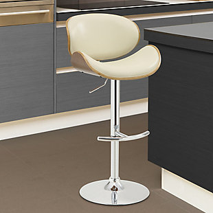 Naples Swivel Barstool in Chrome finish with Cream Faux Leather and Walnut Veneer Back, Cream, rollover