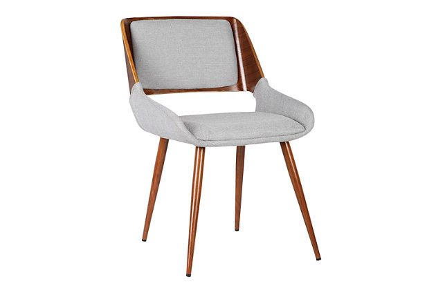 The Armen Living Panda mid-century dining chair is a great way to bring the comforts of yesteryear into your modern life. The sleek design of this contemporary marvel combines a softly curved hardwood walnut frame with an elegantly padded back. The seat is wide and accommodating as well, making this side chair a wonderful comfort piece for the living or dining room. The plush medium firm density cushion seat and back will provide you with all day comfort. The medium high open lower back is ideal for posture alignment and an unmatched support for days on end. The box style with walnut accent along the exterior of the chair is both unique and eye catching any where in your home. The foundation of the product is supported by solid walnut wood and metal for a sturdy and stylish aesthetic without comprising practicality and functionality of this item. This product ships in one box with easy and quick set up. We stand by the quality, the craftsmanship and the integrity of our product by offer 1-year warranty for all our products. The Panda’s sturdy metal legs are rounded off and tapered with a stylish walnut wood finish. The Panda is upholstered in your choice of exquisite fabric, available in gray and brown, or faux leather black. Product Dimensions: 20"W x 25"D x 31"H SH: 18"Mid-century modern and contemporary but can blend into any design providing an inviting centerpiece for your guests | Crafted to perfection for years of enjoyment | Great for kitchen, dining, home office space,commercial setting or any living space in your home | Thick semi firm cushion for all day comfort | 250-pound weight capacity | No assembly required | Comes with a standard 1-year limited warranty