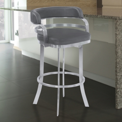 Prinz 26" Swivel Barstool in Gray Faux Leather with Brushed Stainless Steel Finish, Gray, large