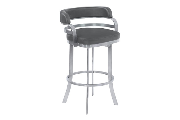The Armen Living Prinz modern swivel barstool is an elegant piece of furniture ideal for the contemporary home. The sturdy brushed stainless steel frame and plush faux leather upholstery provide the assurance of durability while detracting nothing from the comfort of this chic luxury item. Stylish and practical, the Prinz's style is matched brilliantly by its versitility, making it a perfect fit in just about any room of the house. The Prinz comes in two sleek colors, black and gray, and is available in 26 inch counter and 30 inch bar height.360-degree swivel features allows for enhanced mobility | Elegant brushed stainless steel construction is enhanced by comfortable faux leather upholstery | Low back stool allows for easy storage under tables and bars | Thicker memory foam cushion provides you with an extremely comfortable seating | 360-degree swivel | 200 to 300 pound weight capacity | Available in 26" counter and 30" bar height | Assembly required | Comes with a standard 1-year limited warranty