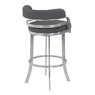 The Armen Living Prinz modern swivel barstool is an elegant piece of furniture ideal for the contemporary home. The sturdy brushed stainless steel frame and plush faux leather upholstery provide the assurance of durability while detracting nothing from the comfort of this chic luxury item. Stylish and practical, the Prinz's style is matched brilliantly by its versitility, making it a perfect fit in just about any room of the house. The Prinz comes in two sleek colors, black and gray, and is available in 26 inch counter and 30 inch bar height.360-degree swivel features allows for enhanced mobility | Elegant brushed stainless steel construction is enhanced by comfortable faux leather upholstery | Low back stool allows for easy storage under tables and bars | Thicker memory foam cushion provides you with an extremely comfortable seating | 360-degree swivel | 200 to 300 pound weight capacity | Available in 26" counter and 30" bar height | Assembly required | Comes with a standard 1-year limited warranty