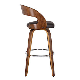 Add mid-century modern design to your home with this Shelly swivel barstool. It is elegantly designed with a sturdy 360 degree footrest in carefully crafted in top-quality Walnut wood finish, but also expertly upholstered with Brown Faux Leather and padded Walnut Back for comfort. This piece provides both style and function with eye-catching contoured wood back that can easily be integrated into your homes existing decor. Available in 26" counter height and 30" bar height.The radiating curved back mid-century modern shelly barstool comes with walnut wood | Mixed with veneer wood, pu upholstery and subtle chrome finish foot rest | Available in 26" counter height and 30" bar height options | Sturdy construction for years of enjoyment | Footrest with stainless steel finish | 360-degree swivel | Assembly required | Comes with a standard 1-year limited warranty