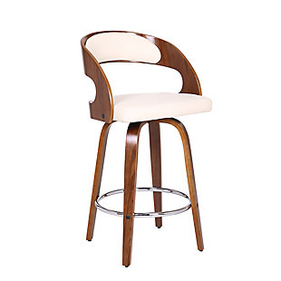 Add mid-century modern design to your home with this Shelly swivel barstool. It is elegantly designed with a sturdy 360 degree footrest in carefully crafted in top-quality Walnut wood finish, but also expertly upholstered with Cream Faux Leather and padded Walnut Back for comfort. This piece provides both style and function with eye-catching contoured wood back that can easily be integrated into your homes existing decor. Available in 26" counter height and 30" bar height.Sturdy walnut wood finished construction is brilliantly accented by sleek faux leather upholstery | Mixed with veneer wood, pu upholstery and subtle chrome finish foot rest | Available in 26" counter height and 30" bar height options | Sturdy construction for years of enjoyment | Footrest with stainless steel finish | 360-degree swivel | Assembly required | Comes with a standard 1-year limited warranty