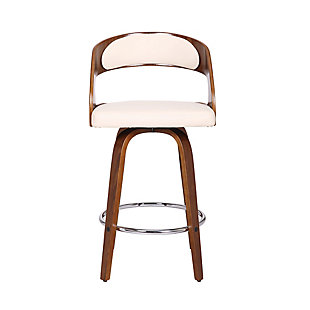 Add mid-century modern design to your home with this Shelly swivel barstool. It is elegantly designed with a sturdy 360 degree footrest in carefully crafted in top-quality Walnut wood finish, but also expertly upholstered with Cream Faux Leather and padded Walnut Back for comfort. This piece provides both style and function with eye-catching contoured wood back that can easily be integrated into your homes existing decor. Available in 26" counter height and 30" bar height.Sturdy walnut wood finished construction is brilliantly accented by sleek faux leather upholstery | Mixed with veneer wood, pu upholstery and subtle chrome finish foot rest | Available in 26" counter height and 30" bar height options | Sturdy construction for years of enjoyment | Footrest with stainless steel finish | 360-degree swivel | Assembly required | Comes with a standard 1-year limited warranty