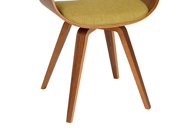 Echoing early modern design decors, the Summer chair provides a simple yet comfortable place to sit for long stretches. It features a Green fabric upholstered seat with a walnut wood finish. The back provides extra support, while the foam filling and fabric covering provides added lushness to keep you comfortable. The ergonomically-shaped seat and aesthetically pleasing design truly adds to what makes this a fantastic design.Update your home style with the retro summer chair that plays up, mid-century modern aesthetics | Walnut wood finish with green fabric upholstery | Great for a mix of modern and contemporary meets mid-century style | Comes with standard 1 year limited warranty | 250-pound weight capacity | Spot clean | Comes with a standard 1-year limited warranty | Assembly required