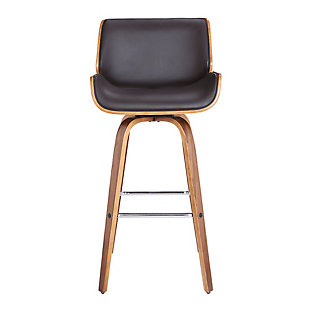 The Armen Living Tyler mid-century barstool is a standout in any contemporary household setting. The Tyler's beautiful walnut wood frame is perfectly accented by its faux leather upholstered seat and back. The Tyler is wonderfully versatile, sporting a stylish yet practical appearance as well as a 360 degree swivel function for exceptional mobility. The Tyler is available in 26 inch counter and 30 inch bar height with brown faux leather.Tyler mid-century bar or counter height wooden barstool | 360 degree swivel seat provides exceptional user mobility without compromising on aesthetics | Sturdy walnut finished wooden legs feature footrest for added comfort | Available in brown faux leather | 360-degree swivel | Comes with a standard 1-year limited warranty | Assembly required
