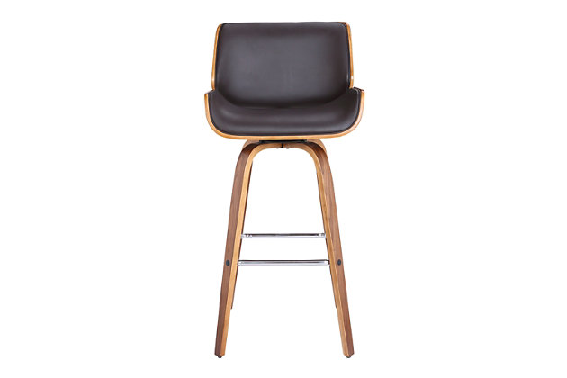 The Armen Living Tyler mid-century barstool is a standout in any contemporary household setting. The Tyler's beautiful walnut wood frame is perfectly accented by its faux leather upholstered seat and back. The Tyler is wonderfully versatile, sporting a stylish yet practical appearance as well as a 360 degree swivel function for exceptional mobility. The Tyler is available in 26 inch counter and 30 inch bar height with brown faux leather.Tyler mid-century bar or counter height wooden barstool | 360 degree swivel seat provides exceptional user mobility without compromising on aesthetics | Sturdy walnut finished wooden legs feature footrest for added comfort | Available in brown faux leather | 360-degree swivel | Comes with a standard 1-year limited warranty | Assembly required