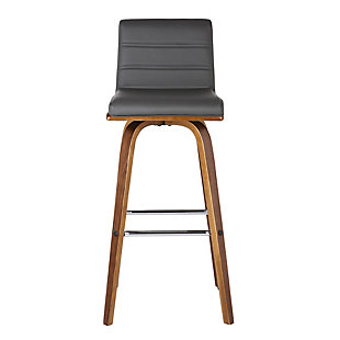 Indulge in luxury with the Vienna Contemporary Swivel Barstool by Armen Living. It is beautifully designed with a sturdy metal framed footrest in expertly crafted in curved Walnut Wood finish, upholstered with grey Pu upholstery and black brushed wood back. This piece provides both versatile style and comfort with a Modern design that can easily be integrated into your home’s current décor. While appearing stationary, the Vienna features a 360-degree swivel feature for maximum mobility. The plush padded seat with high density foam will provide you with all day comfort. The curved wood medium high back is ideal for posture alignment and an unmatched support for days on end. The foundation of the product is supported by wood and strong metal footrest for a chic and stylish aesthetic without comprising practicality and functionality of this item. This product ships in one box with easy and quick set up. We stand by the quality, the craftsmanship and the integrity of our product by offer 1-year warranty for all our products. We want our customers enjoy our product and we will always be there to help with our top-notch customer service support. Product Dimensions: 17"W x 20"D x 39"H SH: 30""

Excellent choice for a Modern, and Contemporary dining and Kitchen setting. Available in 26" counter Height and 30" bar Height options in brown, Gray or Cream or. It is also available Grey upholstery with black brushed finish wood in 26" or 30".The vienna barstool radiates with contemporary styling, comfortable curved seat and low back with walnut wood | 360° swivel, foam padded seat, sturdy chromed metal footrest | Available in 26" counter height and 30" bar height options | Sturdy construction for years of enjoyment | Footrest with chrome-tone finish | 360-degree swivel | 250-pound weight capacity | Comes with a standard 1-year limited warranty | Assembly required