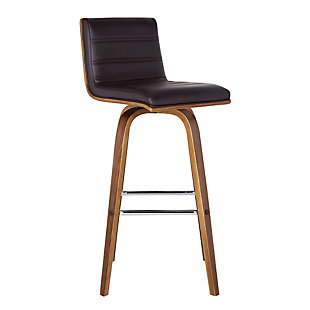 Indulge in luxury with the Vienna Contemporary Swivel Barstool by Armen Living. It is beautifully designed with a sturdy metal framed footrest in expertly crafted in curved Walnut Wood finish, upholstered with grey Pu upholstery and black brushed wood back. This piece provides both versatile style and comfort with a Modern design that can easily be integrated into your home’s current décor. While appearing stationary, the Vienna features a 360-degree swivel feature for maximum mobility. The plush padded seat with high density foam will provide you with all day comfort. The curved wood medium high back is ideal for posture alignment and an unmatched support for days on end. The foundation of the product is supported by wood and strong metal footrest for a chic and stylish aesthetic without comprising practicality and functionality of this item. This product ships in one box with easy and quick set up. We stand by the quality, the craftsmanship and the integrity of our product by offer 1-year warranty for all our products. We want our customers enjoy our product and we will always be there to help with our top-notch customer service support. Product Dimensions: 17"W x 20"D x 39"H SH: 30""

Excellent choice for a Modern, and Contemporary dining and Kitchen setting. Available in 26" counter Height and 30" bar Height options in brown, Gray or Cream or. It is also available Grey upholstery with black brushed finish wood in 26" or 30".Sturdy walnut wood finished construction is brilliantly accented by sleek faux leather upholstery | Great for kitchen, dining, commercial setting or any living space in your home | 360° swivel, foam padded seat, sturdy chromed metal footrest | Medium high cushioned back to help keep your back supported and aligned | Footrest with chrome-tone finish | 360-degree swivel | 250-pound weight capacity | Comes with a standard 1-year limited warranty | Assembly required