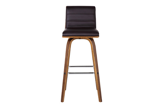 Indulge in luxury with the Vienna Contemporary Swivel Barstool by Armen Living. It is beautifully designed with a sturdy metal framed footrest in expertly crafted in curved Walnut Wood finish, upholstered with grey Pu upholstery and black brushed wood back. This piece provides both versatile style and comfort with a Modern design that can easily be integrated into your home’s current décor. While appearing stationary, the Vienna features a 360-degree swivel feature for maximum mobility. The plush padded seat with high density foam will provide you with all day comfort. The curved wood medium high back is ideal for posture alignment and an unmatched support for days on end. The foundation of the product is supported by wood and strong metal footrest for a chic and stylish aesthetic without comprising practicality and functionality of this item. This product ships in one box with easy and quick set up. We stand by the quality, the craftsmanship and the integrity of our product by offer 1-year warranty for all our products. We want our customers enjoy our product and we will always be there to help with our top-notch customer service support. Product Dimensions: 17"W x 20"D x 39"H SH: 30""

Excellent choice for a Modern, and Contemporary dining and Kitchen setting. Available in 26" counter Height and 30" bar Height options in brown, Gray or Cream or. It is also available Grey upholstery with black brushed finish wood in 26" or 30".Sturdy walnut wood finished construction is brilliantly accented by sleek faux leather upholstery | Great for kitchen, dining, commercial setting or any living space in your home | 360° swivel, foam padded seat, sturdy chromed metal footrest | Medium high cushioned back to help keep your back supported and aligned | Footrest with chrome-tone finish | 360-degree swivel | 250-pound weight capacity | Comes with a standard 1-year limited warranty | Assembly required