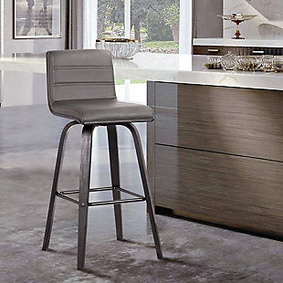 Indulge in luxury with the Vienna Contemporary Swivel Barstool by Armen Living. It is beautifully designed with a sturdy metal framed footrest in expertly crafted in curved Walnut Wood finish, upholstered with grey Pu upholstery and black brushed wood back. This piece provides both versatile style and comfort with a Modern design that can easily be integrated into your home’s current décor. While appearing stationary, the Vienna features a 360-degree swivel feature for maximum mobility. The plush padded seat with high density foam will provide you with all day comfort. The curved wood medium high back is ideal for posture alignment and an unmatched support for days on end. The foundation of the product is supported by wood and strong metal footrest for a chic and stylish aesthetic without comprising practicality and functionality of this item. This product ships in one box with easy and quick set up. We stand by the quality, the craftsmanship and the integrity of our product by offer 1-year warranty for all our products. We want our customers enjoy our product and we will always be there to help with our top-notch customer service support. Product Dimensions: 17"W x 20"D x 39"H SH: 30""

Excellent choice for a Modern, and Contemporary dining and Kitchen setting. Available in 26" counter Height and 30" bar Height options in brown, Gray or Cream or. It is also available Grey upholstery with black brushed finish wood in 26" or 30".Sturdy walnut wood finished construction is brilliantly accented by sleek faux leather upholstery | Great for kitchen, dining, commercial setting or any living space in your home | 360° swivel, foam padded seat, sturdy chromed metal footrest | Upholstery material: faux leather | Footrest with chrome-tone finish | 360-degree swivel | 250-pound weight capacity | Comes with a standard 1-year limited warranty | Assembly required