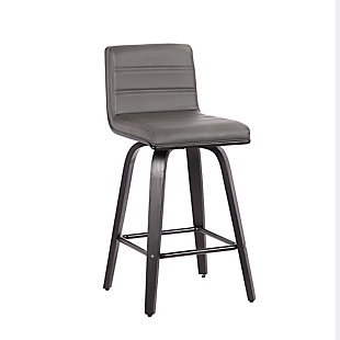 Indulge in luxury with the Vienna Contemporary Swivel Barstool by Armen Living. It is beautifully designed with a sturdy metal framed footrest in expertly crafted in curved Walnut Wood finish, upholstered with grey Pu upholstery and black brushed wood back. This piece provides both versatile style and comfort with a Modern design that can easily be integrated into your home’s current décor. While appearing stationary, the Vienna features a 360-degree swivel feature for maximum mobility. The plush padded seat with high density foam will provide you with all day comfort. The curved wood medium high back is ideal for posture alignment and an unmatched support for days on end. The foundation of the product is supported by wood and strong metal footrest for a chic and stylish aesthetic without comprising practicality and functionality of this item. This product ships in one box with easy and quick set up. We stand by the quality, the craftsmanship and the integrity of our product by offer 1-year warranty for all our products. We want our customers enjoy our product and we will always be there to help with our top-notch customer service support. Product Dimensions: 17"W x 20"D x 39"H SH: 30""

Excellent choice for a Modern, and Contemporary dining and Kitchen setting. Available in 26" counter Height and 30" bar Height options in brown, Gray or Cream or. It is also available Grey upholstery with black brushed finish wood in 26" or 30".Sturdy walnut wood finished construction is brilliantly accented by sleek faux leather upholstery | Great for kitchen, dining, commercial setting or any living space in your home | 360° swivel, foam padded seat, sturdy chromed metal footrest | Upholstery material: faux leather | Footrest with chrome-tone finish | 360-degree swivel | 250-pound weight capacity | Comes with a standard 1-year limited warranty | Assembly required
