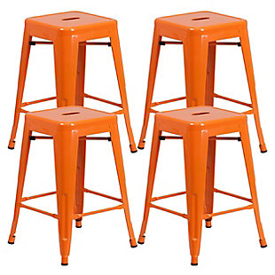Add a modern minimalist look to your home or business with this versatile backless bar stool. The seat area features a convenient handhold, while floor glides on the legs prevent floor scratches. This set of four stools is made of durable powdercoated steel, with footrests on four sides to promote relaxation and good posture. Stackable and space-saving, these sleek bar stools include cross bracing beneath the seat for additional stability.Set of 4 | Made of durable powdercoated steel | Stackable design for efficient storage where space is limited  | Convenient for kitchens, garages, workstations, bars and restaurants | Floor glides on base of legs prevent floor scratches | Footrests on four sides promote relaxation and good posture