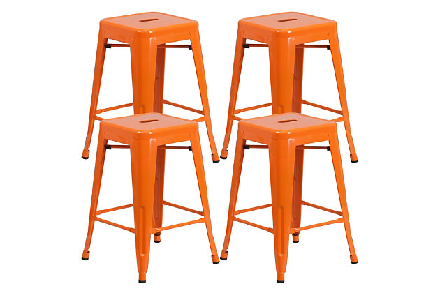 Add a modern minimalist look to your home or business with this versatile backless bar stool. The seat area features a convenient handhold, while floor glides on the legs prevent floor scratches. This set of four stools is made of durable powdercoated steel, with footrests on four sides to promote relaxation and good posture. Stackable and space-saving, these sleek bar stools include cross bracing beneath the seat for additional stability.Set of 4 | Made of durable powdercoated steel | Stackable design for efficient storage where space is limited  | Convenient for kitchens, garages, workstations, bars and restaurants | Floor glides on base of legs prevent floor scratches | Footrests on four sides promote relaxation and good posture