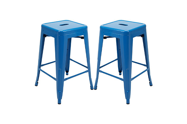Add a modern minimalist look to your home or business with this versatile backless bar stool. The seat area features a convenient handhold, while floor glides on the legs prevent floor scratches. This set of two stools is made of durable powdercoated steel, with footrests on four sides to promote relaxation and good posture. Stackable and space-saving, these sleek bar stools include cross bracing beneath the seat for additional stability.Set of 2 | Made of durable powdercoated steel | Stackable design for efficient storage where space is limited  | Convenient for kitchens, garages, workstations, bars and restaurants | Floor glides on base of legs prevent floor scratches | Footrests on four sides promote relaxation and good posture