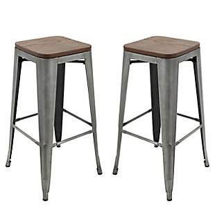 Rugged retro styling and easy storage make the Washburn bar stool set ideal for a variety of uses in your home or business. This space-saving stackable stool is perfect for multi-use areas. Brushed galvanized steel construction adds vintage industrial style to your space and resists scratching and chipping. The elm wood top adds rustic warmth and textural wood grain interest for a mid-century retro vibe. Footrests on four sides increase stability and durability, and enhance your comfort while seated. Floor glides on the base reduce noise and prevent floor scratches.Set of 4  | Made of brushed galvanized steel; top made from elm wood  | Resists scratching and chipping | Stackable design for efficient storage where space is limited | Convenient for multi-use areas, kitchens, shops, workstations, bars and restaurants | Floor glides on base of legs reduce noise and help prevent floor scratches | Footrests on four sides promote good posture and relaxation