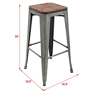 Rugged retro styling and easy storage make the Washburn bar stool set ideal for a variety of uses in your home or business. This space-saving stackable stool is perfect for multi-use areas. Brushed galvanized steel construction adds vintage industrial style to your space and resists scratching and chipping. The elm wood top adds rustic warmth and textural wood grain interest for a mid-century retro vibe. Footrests on four sides increase stability and durability, and enhance your comfort while seated. Floor glides on the base reduce noise and prevent floor scratches.Set of 4  | Made of brushed galvanized steel; top made from elm wood  | Resists scratching and chipping | Stackable design for efficient storage where space is limited | Convenient for multi-use areas, kitchens, shops, workstations, bars and restaurants | Floor glides on base of legs reduce noise and help prevent floor scratches | Footrests on four sides promote good posture and relaxation