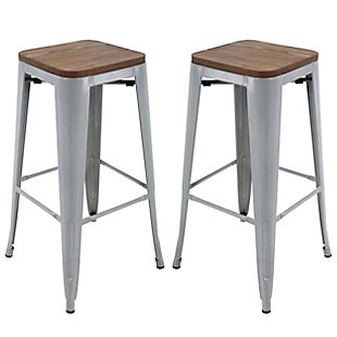 Rugged retro styling and easy storage make the Washburn bar stool set ideal for a variety of uses in your home or business. This space-saving stackable stool is perfect for multi-use areas. Brushed galvanized steel construction adds vintage industrial style to your space and resists scratching and chipping. The elm wood top adds rustic warmth and textural wood grain interest for a mid-century retro vibe. Footrests on four sides increase stability and durability, and enhance your comfort while seated. Floor glides on the base reduce noise and prevent floor scratches.Set of 2 | Made of brushed galvanized steel; top made from elm wood  | Resists scratching and chipping | Stackable design for efficient storage where space is limited | Floor glides on base of legs reduce noise and help prevent floor scratches | Footrests on four sides promote relaxation and good posture | Convenient for multi-use areas, kitchens, shops, workstations, bars and restaurants