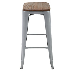 Rugged retro styling and easy storage make the Washburn bar stool set ideal for a variety of uses in your home or business. This space-saving stackable stool is perfect for multi-use areas. Brushed galvanized steel construction adds vintage industrial style to your space and resists scratching and chipping. The elm wood top adds rustic warmth and textural wood grain interest for a mid-century retro vibe. Footrests on four sides increase stability and durability, and enhance your comfort while seated. Floor glides on the base reduce noise and prevent floor scratches.Set of 2 | Made of brushed galvanized steel; top made from elm wood  | Resists scratching and chipping | Stackable design for efficient storage where space is limited | Floor glides on base of legs reduce noise and help prevent floor scratches | Footrests on four sides promote relaxation and good posture | Convenient for multi-use areas, kitchens, shops, workstations, bars and restaurants