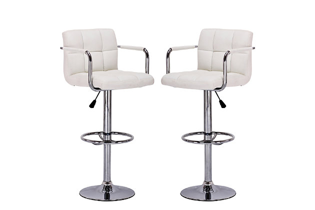 Seat your guests in style with this adjustable-height bar stool set from Brage Living. Featuring a chrome-tone base, footrest and arm supports, this flashy stool makes the perfect seating option for any party, bar or counter. The convenient 360-degree swiveling seat combines one-touch gas-lift height adjustment with easy-to-clean faux leather upholstery for a sleek and versatile look. Easy to maintain and durable enough to withstand years of use, this precision-crafted stool makes a sophisticated statement in your home, office or bar. Its durable metal stand includes a built-in footrest for stylish comfort. The generously padded and quilted seat design creates a relaxing seating experience with style to enhance your retro or modern decor. Set of 2 | Made of durable powdercoated steel with a chrome-tone finish | Adjustable height hydraulic-lift seat  | Chrome-tone base, footrest and arm supports | 360-degree swivel seat provides versatility, convenience, comfort and ease of use | Floor-protection ring on base protects floors from scuffing and scratching | Assembly required