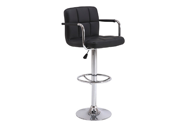 Seat your guests in style with this adjustable-height bar stool set from Brage Living. Featuring a chrome-tone base, footrest and arm supports, this flashy stool makes the perfect seating option for any party, bar or counter. The convenient 360-degree swiveling seat combines one-touch gas-lift height adjustment with easy-to-clean faux leather upholstery for a sleek and versatile look. Easy to maintain and durable enough to withstand years of use, this precision-crafted stool makes a sophisticated statement in your home, office or bar. Its durable metal stand includes a built-in footrest for stylish comfort. The generously padded and quilted seat design creates a relaxing seating experience with style to enhance your retro or modern decor. Set of 2 | Made of durable powdercoated steel with a chrome-tone finish | Adjustable height hydraulic-lift seat  | Chrome-tone base, footrest and arm supports | 360-degree swivel seat provides versatility, convenience, comfort and ease of use | Floor-protection ring on base protects floors from scuffing and scratching | Assembly required
