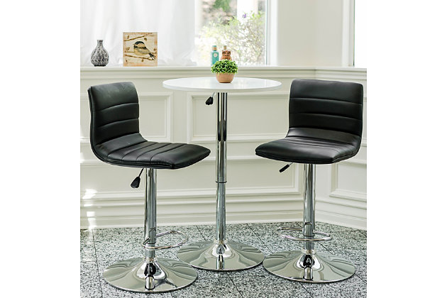 Be the envy of your guests as you make them fashionably comfortable on your new Nomad bar and counter stool set from Brage Living. This statement piece is drenched in modern style. For starters, the generously cushioned faux leather seat features gently curved lines and smart horizontal stitching. The seat height adjusts instantly with one-touch gas lift technology, making this stool the perfect seating option for your home bar or counter. Additional features include a 360-degree swiveling seat with a height adjustment handle right beneath, a durable chrome-tone finished metal pedestal and base, plus a built-in footrest for stylish comfort that swivels with the seat. To put your mind at ease, engineered padding fitted to the base increases stability, reduces noise and prevents scratching of floors. Add luxurious, contemporary flair to your dining room, kitchen and entertainment area today with this counter and bar stool. Set of 2 | Made of durable powdercoated steel with a chrome-tone finish | Smartly stitched, foam-cushioned seat with easy-to-clean faux leather upholstery | Gas lift adjustable-height seat; seat height adjusts from 24.5" to 32.75" | Chrome-tone pedestal and base with built-in swiveling footrest | 360-degree swivel seat provides versatility, convenience, comfort and ease of use | Base padding is engineered to protect floors from scratching    | Weight capacity 250 pounds | Assembly required