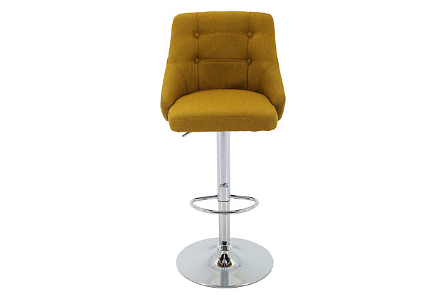 Button-tufted with a high winged back, the Hathaway bar stool from Brage Living carves a contemporary silhouette. Highly resilient foam cushioning and durable polyester upholstery deliver comfort that is tailored for lasting beauty. The adjustable gas-lift seat can be changed from counter height to bar height. With a fashionable footrest, a durable chrome-tone base and rubber footings, this stool provides stability that resists movement and won’t scratch your floors. With craftsmanship and style, the Hathaway bar stool adds functional beauty to any home, lounge or office area. Made of durable powdercoated metal | Smartly stitched, foam-cushioned seat with easy-to-clean fabric upholstery  | Gas lift adjustable-height seat  | Chrome-tone pedestal and base with built-in swiveling footrest | 360-degree swivel seat provides versatility, convenience, comfort and ease of use  | Base padding is engineered to protect floors   | Weight capacity 250 pounds | Assembly required