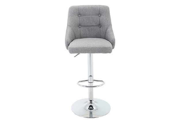 Button-tufted with a high winged back, the Hathaway bar stool from Brage Living carves a contemporary silhouette. Highly resilient foam cushioning and durable polyester upholstery deliver comfort that is tailored for lasting beauty. The adjustable gas-lift seat can be changed from counter height to bar height. With a fashionable footrest, a durable chrome-tone base and rubber footings, this stool provides stability that resists movement and won’t scratch your floors. With craftsmanship and style, the Hathaway bar stool adds functional beauty to any home, lounge or office area. Made of durable powdercoated metal | Smartly stitched, foam-cushioned seat with easy-to-clean fabric upholstery  | Gas lift adjustable-height seat  | Chrome-tone pedestal and base with built-in swiveling footrest | 360-degree swivel seat provides versatility, convenience, comfort and ease of use  | Base padding is engineered to protect floors   | Weight capacity 250 pounds | Assembly required