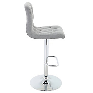 With elegance and style, the Madison bar stool by Brage Living brings versatile comfort to your bar area, kitchen or lounge. The soft upholstery, gently arched backrest, and button-tufted slip chair design are stylish in any space. Swivel the seat 360 degrees to make it easier to sit where space is limited. Raise or lower the seat with a simple one touch gas-lift height adjustment. The supple-yet-durable upholstery is easy to clean and neatly covers generously cushioned foam for hours of comfort. The pedestal-mounted footrest provides stylish support to help promote relaxation and good posture. Each Madison bar stool is supported on a chrome-tone cast iron pedestal. A heavy-duty base fitted with rubber footings prevents scratches on floors and helps reduce noise while moving the chair. Made of durable powdercoated metal | Smartly stitched, foam-cushioned seat with easy-to-clean fabric upholstery  | Gas lift adjustable-height seat  | Chrome-tone pedestal and base with built-in swiveling footrest | 360-degree swivel seat provides versatility, convenience, comfort and ease of use  | Base padding is engineered to protect floors   | Weight capacity 250 pounds | Assembly required