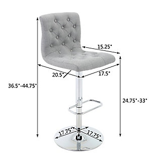 With elegance and style, the Madison bar stool by Brage Living brings versatile comfort to your bar area, kitchen or lounge. The soft upholstery, gently arched backrest, and button-tufted slip chair design are stylish in any space. Swivel the seat 360 degrees to make it easier to sit where space is limited. Raise or lower the seat with a simple one touch gas-lift height adjustment. The supple-yet-durable upholstery is easy to clean and neatly covers generously cushioned foam for hours of comfort. The pedestal-mounted footrest provides stylish support to help promote relaxation and good posture. Each Madison bar stool is supported on a chrome-tone cast iron pedestal. A heavy-duty base fitted with rubber footings prevents scratches on floors and helps reduce noise while moving the chair. Made of durable powdercoated metal | Smartly stitched, foam-cushioned seat with easy-to-clean fabric upholstery  | Gas lift adjustable-height seat  | Chrome-tone pedestal and base with built-in swiveling footrest | 360-degree swivel seat provides versatility, convenience, comfort and ease of use  | Base padding is engineered to protect floors   | Weight capacity 250 pounds | Assembly required