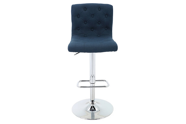 With elegance and style, the Madison bar stool by Brage Living brings versatile comfort to your bar area, kitchen or lounge. The soft upholstery, gently arched backrest, and button-tufted slip chair design are stylish in any space. Swivel the seat 360 degrees to make it easier to sit where space is limited. Raise or lower the seat with a simple one touch gas-lift height adjustment. The supple-yet-durable upholstery is easy to clean and neatly covers generously cushioned foam for hours of comfort. The pedestal-mounted footrest provides stylish support to help promote relaxation and good posture. Each Madison bar stool is supported on a chrome-tone cast iron pedestal. A heavy-duty base fitted with rubber footings prevents scratches on floors and helps reduce noise while moving the chair. Made of durable, chrome-toned cast iron | Smartly stitched, foam-cushioned seat with easy-to-clean fabric upholstery  | Gas lift adjustable-height seat  | Chrome-tone pedestal and base with built-in swiveling footrest | 360-degree swivel seat provides versatility, convenience, comfort and ease of use  | Base padding is engineered to protect floors   | Weight capacity 250 pounds | Assembly required