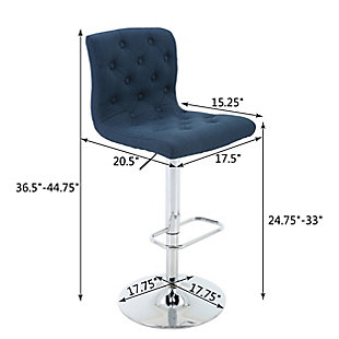 With elegance and style, the Madison bar stool by Brage Living brings versatile comfort to your bar area, kitchen or lounge. The soft upholstery, gently arched backrest, and button-tufted slip chair design are stylish in any space. Swivel the seat 360 degrees to make it easier to sit where space is limited. Raise or lower the seat with a simple one touch gas-lift height adjustment. The supple-yet-durable upholstery is easy to clean and neatly covers generously cushioned foam for hours of comfort. The pedestal-mounted footrest provides stylish support to help promote relaxation and good posture. Each Madison bar stool is supported on a chrome-tone cast iron pedestal. A heavy-duty base fitted with rubber footings prevents scratches on floors and helps reduce noise while moving the chair. Made of durable, chrome-toned cast iron | Smartly stitched, foam-cushioned seat with easy-to-clean fabric upholstery  | Gas lift adjustable-height seat  | Chrome-tone pedestal and base with built-in swiveling footrest | 360-degree swivel seat provides versatility, convenience, comfort and ease of use  | Base padding is engineered to protect floors   | Weight capacity 250 pounds | Assembly required