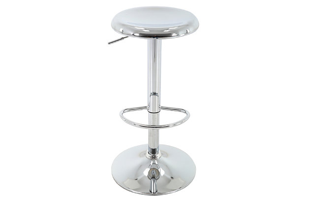 The Ascend bar stool from Brage Living brings style to any space with its bold finishing, beveled seat and gas-lift adjustable-height pedestal. Raise or lower it to bar height or counter height by lifting the handle beneath the seat. Comfort is enhanced by the form-fitting concave seat, beveled edges around the circumference of the seat top, and a convenient pedestal-mounted footrest. The 360-degree swiveling seat and cast iron pedestal rise from a heavy-duty flanged base equipped with rubber footings to increase stability, reduce noise, and prevent floor damage.Made of durable powdercoated metal | 360-degree swivel seat provides versatility, convenience, comfort and ease of use  | Gas lift adjustable-height seat  | Form-fitting concave seat | Base padding is engineered to protect floors   | Assembly required